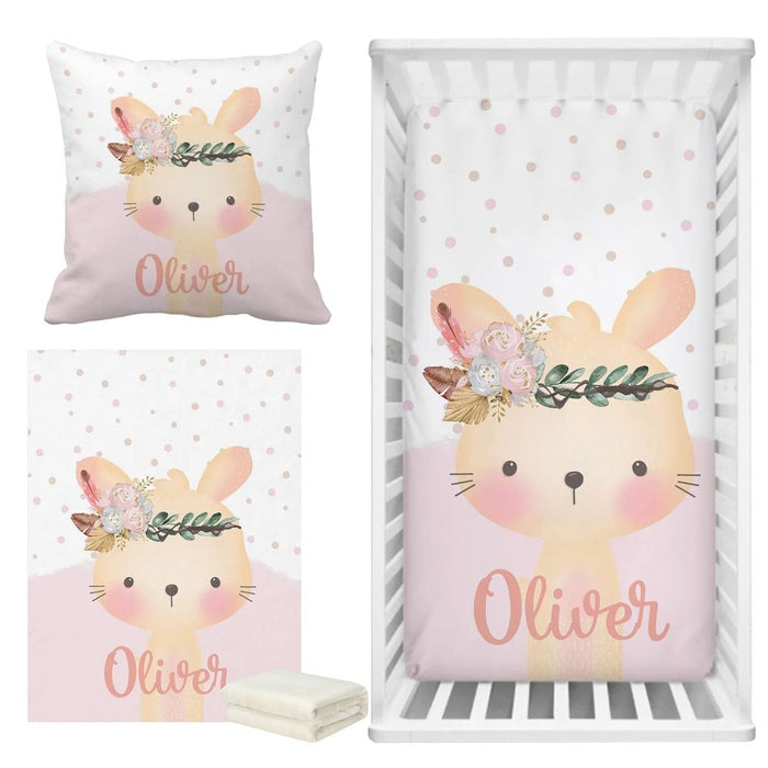 3 Piece Custom Name Boho Bunny Bedding Set