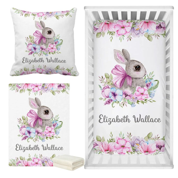 3 Piece Custom Name Floral Bunny Bedding Set