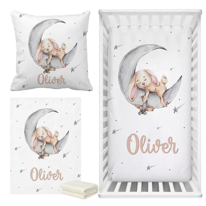 3 Piece Custom Name Sleeping Bunny Crib Bedding Set