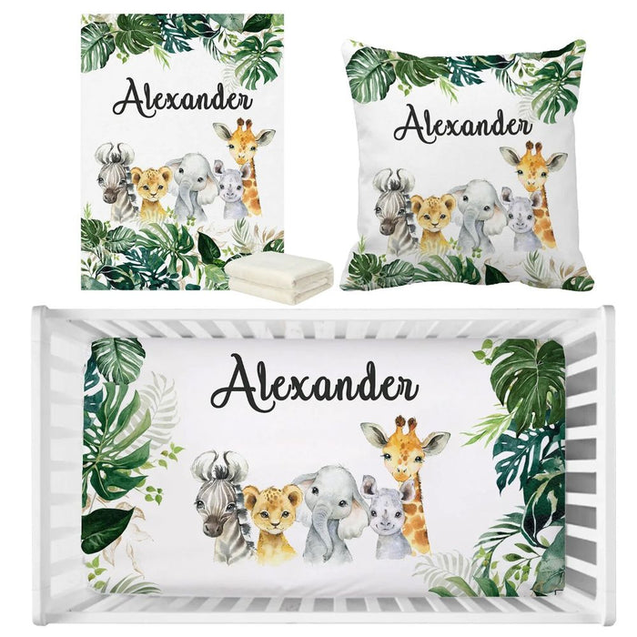 3 Piece Personalized Name Jungle Animals Bedding Set