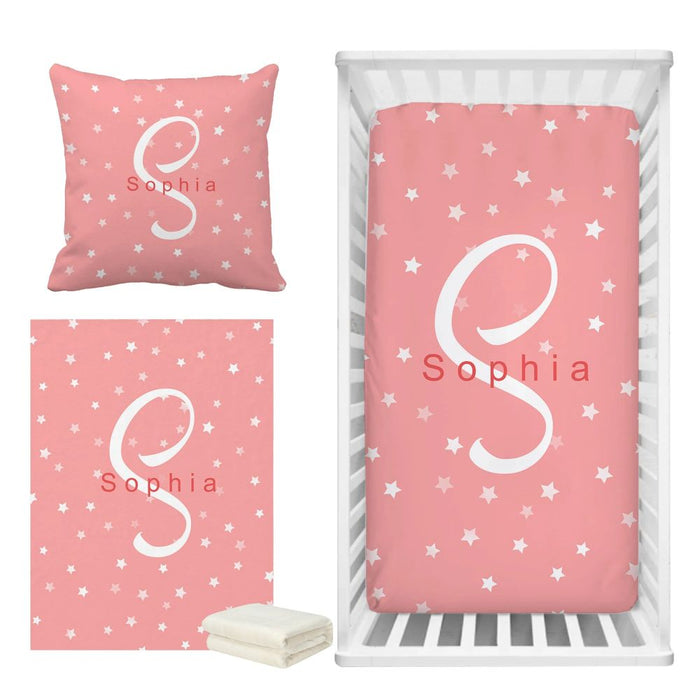 3 Pieces Name And Monogram Color Star Bedding Set