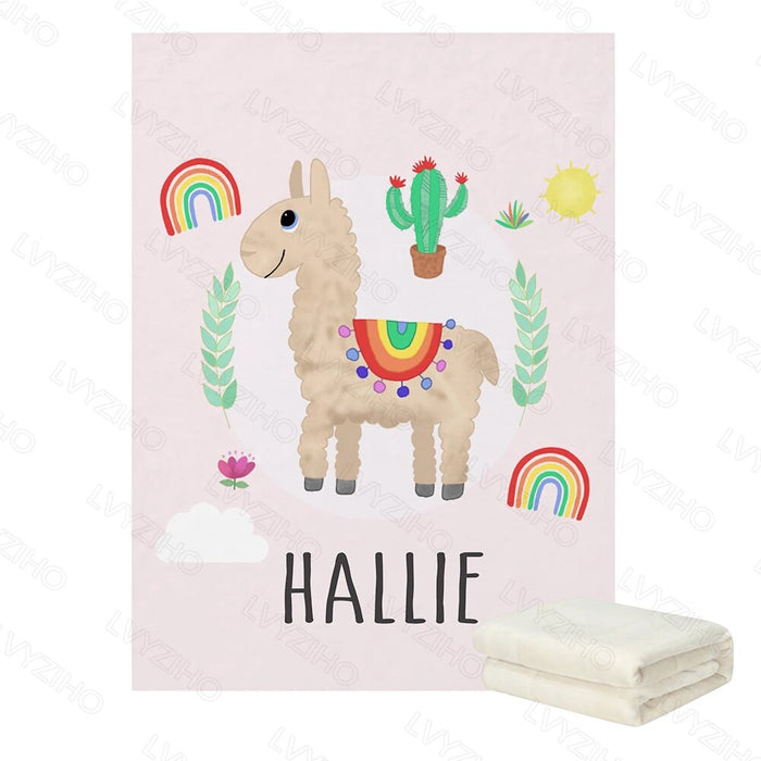 Personalized Name Llama And Rainbow Blanket