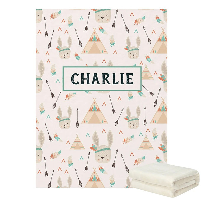 Personalized Name Rabbit And Bear Printed Blanket