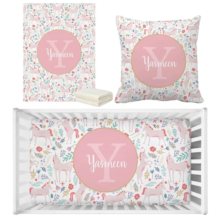 3 Piece Floral Unicorn Personalized Name Bedding Set