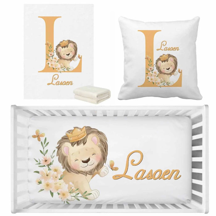 3 Piece Doodle Lion With Floral Illustration Baby Bedding Set