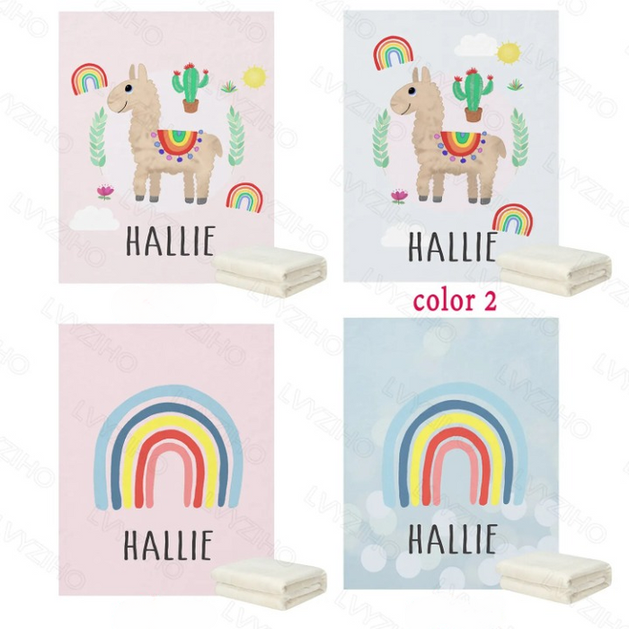 Personalized Name Llama And Rainbow Blanket