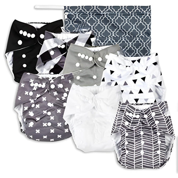 Baby Cloth Pocket Diapers 7 Pack, 7 Bamboo Inserts, 1 Wet Bag