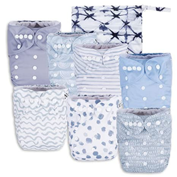 Baby Cloth Pocket Diapers 7 Pack, 7 Bamboo Inserts, 1 Wet Bag