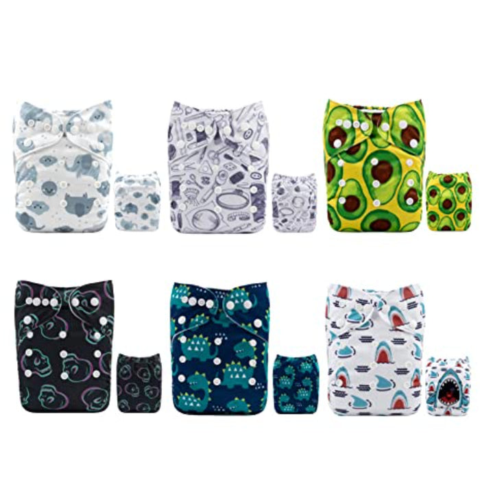 Baby Cloth Diapers One Size Adjustable Washable Reusable 6 Pack With 12 Inserts