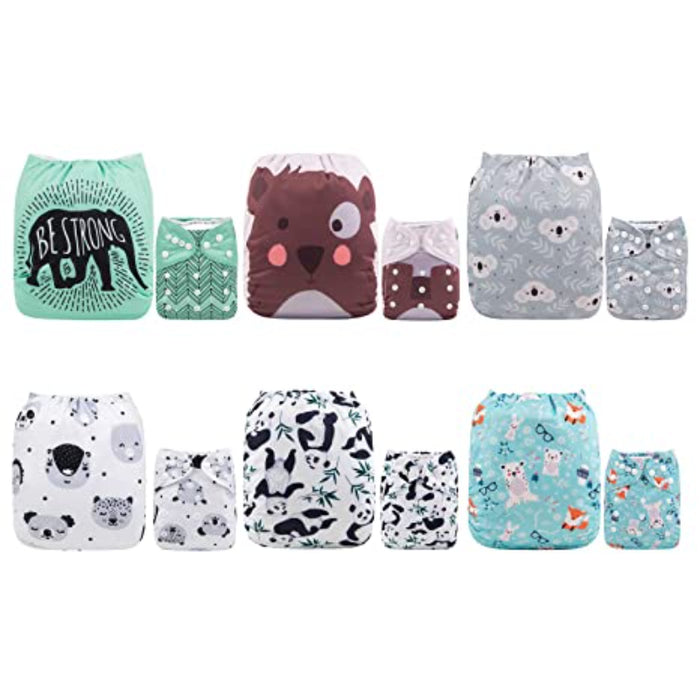 One Size Adjustable Washable Reusable Baby Cloth Diapers For Baby 6 Pack + 12 Inserts