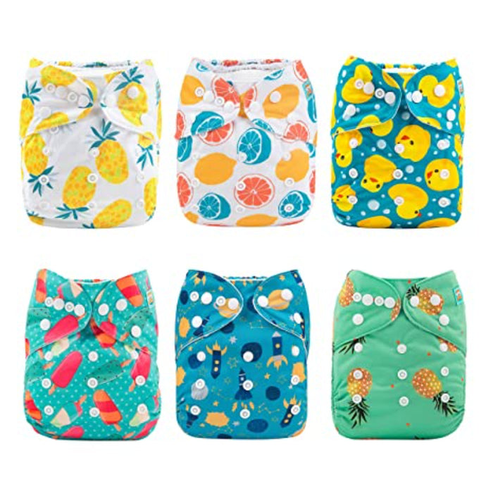 Baby Washable Reusable Cloth Diapers One Size Adjustable Diapers 6 Pack With 12 Inserts