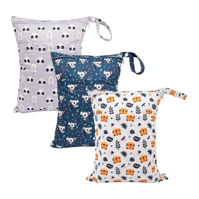 3 Pack Of Wet Dry Bags For Baby Cloth Diapers With 2 Pockets