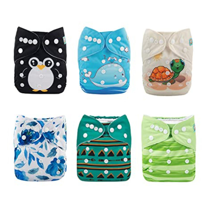 Baby Cloth Diapers One Size Adjustable Washable Reusable 6 Pack With 12 Inserts