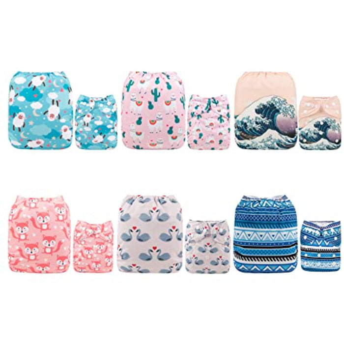 One Size Adjustable Washable Reusable Baby Cloth Diapers For Baby 6 Pack + 12 Inserts