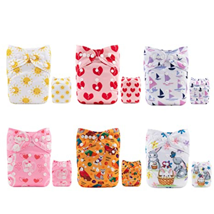 Baby Cloth Diapers One Size Adjustable Washable Reusable 6 Pack With 12 Inserts