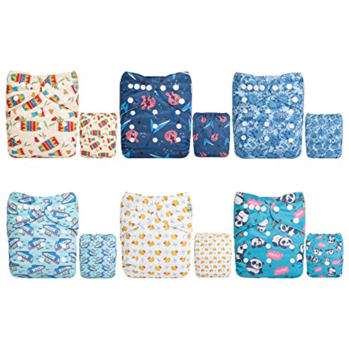 Baby Cloth Diapers One Size Adjustable Washable Reusable Diapers 6 Pack With 12 Inserts