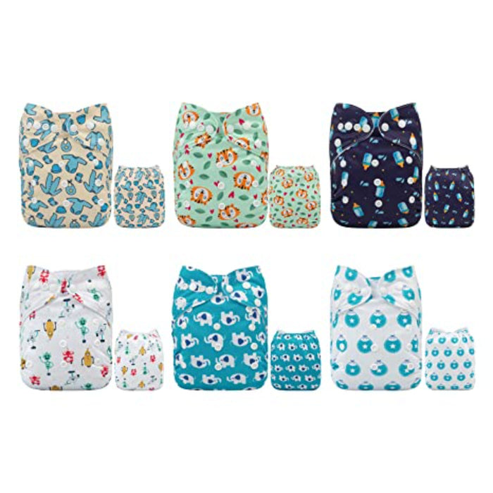 One Size Adjustable Reusable Cloth Diapers For Baby 6 Pack + 12 Inserts