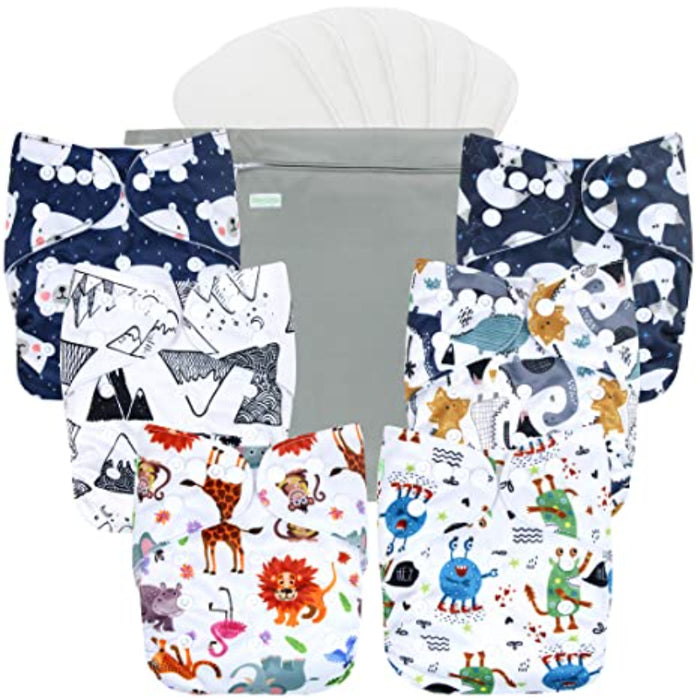 Washable Reusable Baby Cloth Pocket Diapers 6 Pack + 6 Bamboo Inserts