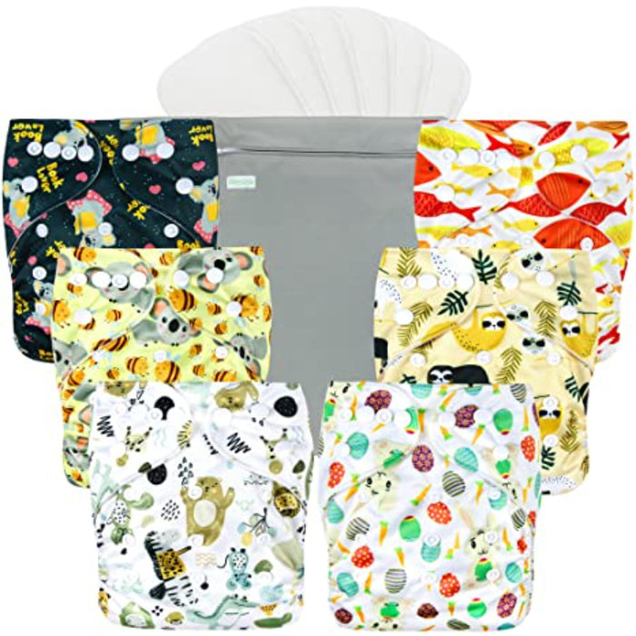 Washable Reusable Baby Cloth Pocket Diapers 6 Pack + 6 Bamboo Inserts