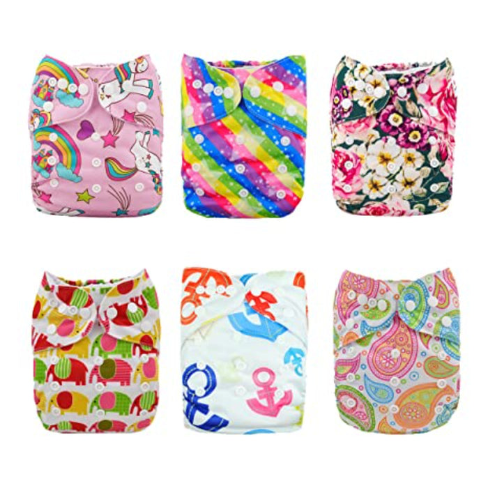 Baby Cloth Diapers One Size Adjustable Washable Reusable Diapers 6 Pack With 12 Inserts