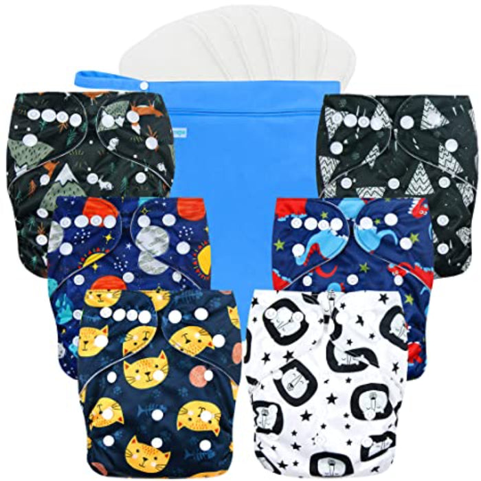 Washable Reusable Baby Cloth Pocket Diapers 6 Pack + 6 Bamboo Inserts