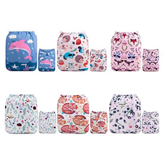 Color Snaps Baby Washable Reusable Cloth Diapers/Adjustable 6 Pack With 12 Pcs