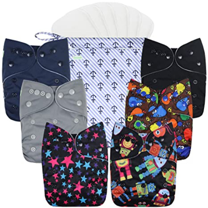 Washable Reusable Baby Cloth Pocket Diapers 6 Pack + 6 Bamboo Inserts