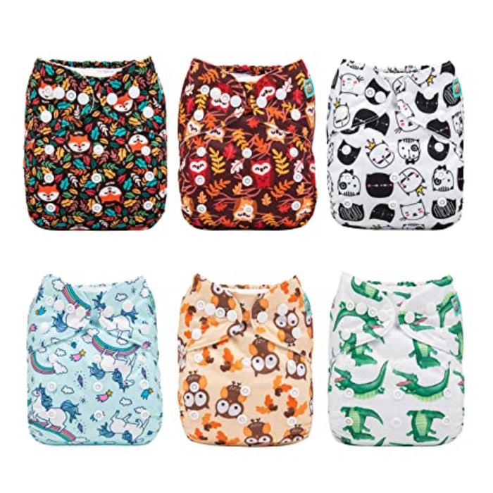 Baby Cloth Diapers One Size Adjustable Washable Reusable 6 Pack With 12 Inserts