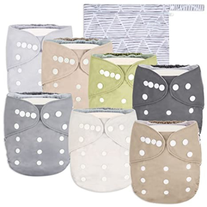 Baby Cloth Pocket Diapers 7 Pack, 7 Bamboo Inserts, 1 Wet Bag