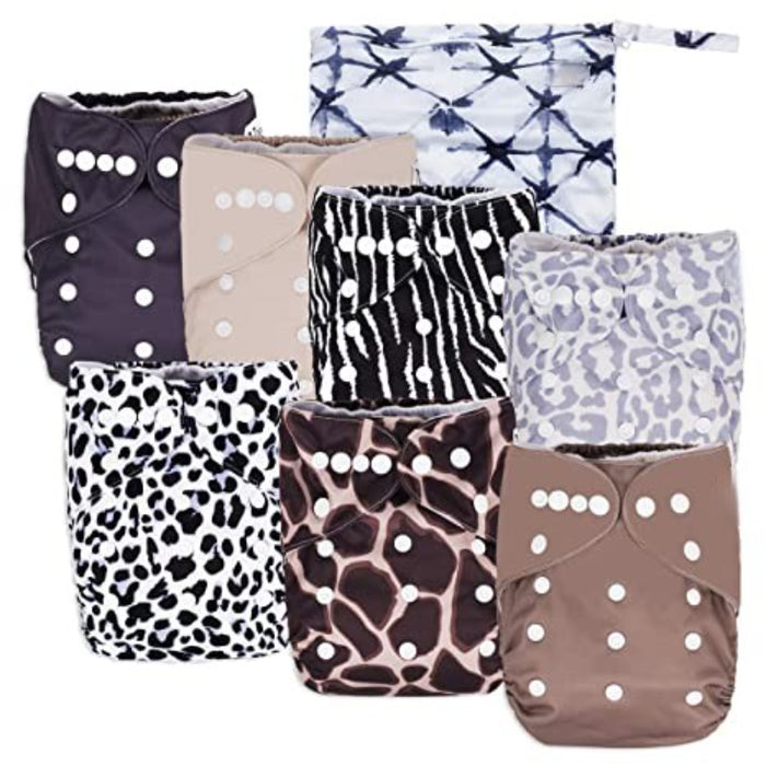 Baby Cloth Pocket Diapers 7 Pack, 7 Bamboo Inserts, 1 Wet Bag