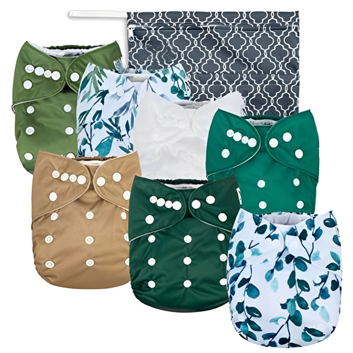 Unisex Baby Cloth Pocket Diapers - Sage And Sea - 7 Pack, 7 Bamboo Inserts, 1 Wet Bag