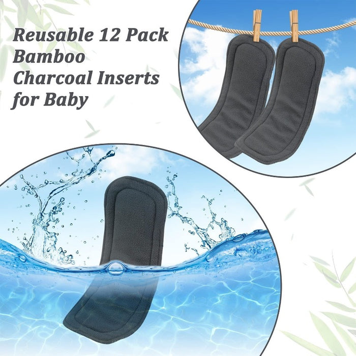 Reusable Soft Layers 12 Pack Bamboo Charcoal Inserts For Baby Cloth Diaper, High Absorbing Washable Liners